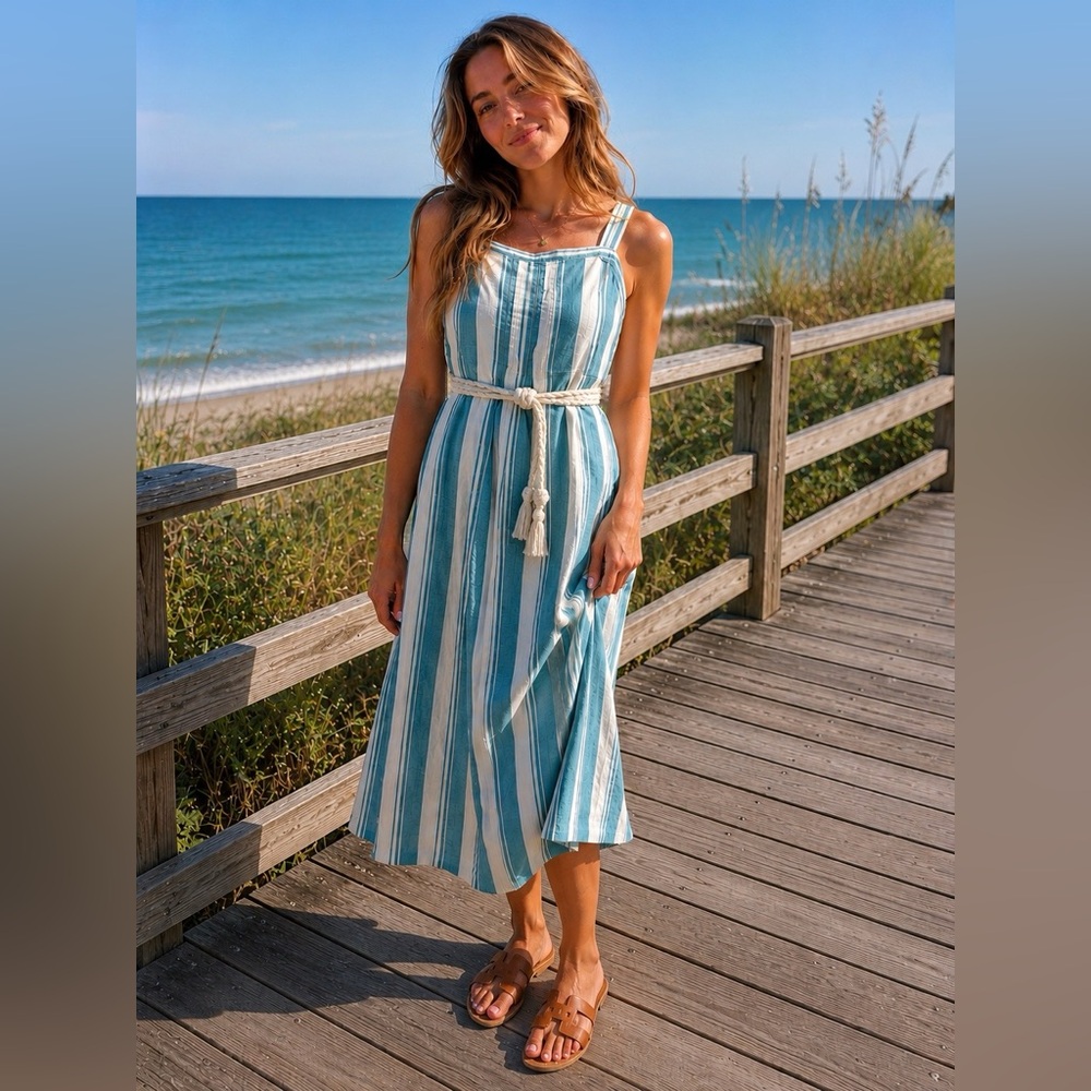 Sonoma Teal and White Striped Midi Sundress - Picture 2 of 8
